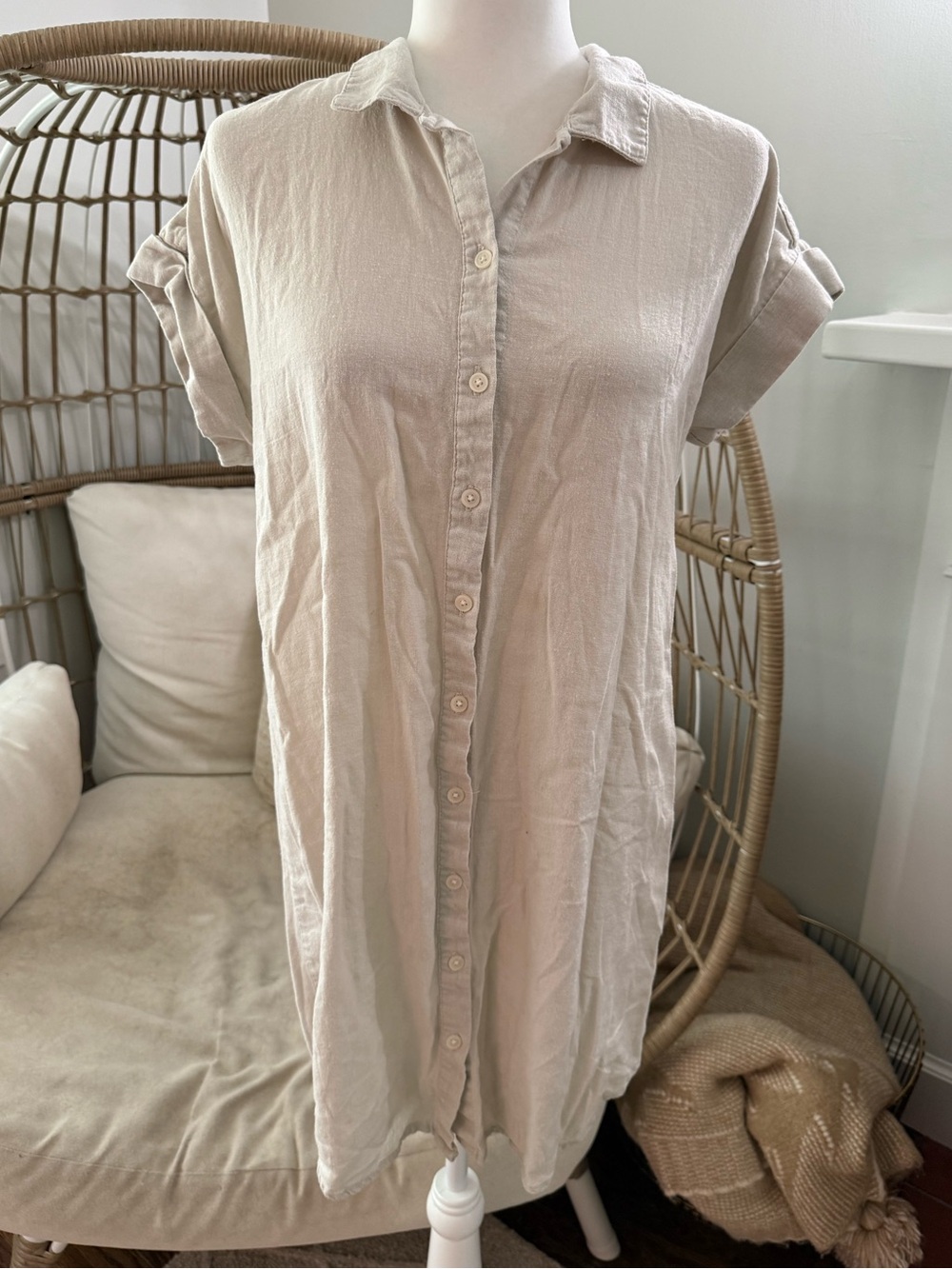 Per Se Beige Linen Blend Button Front Shirt Dress Size Medium